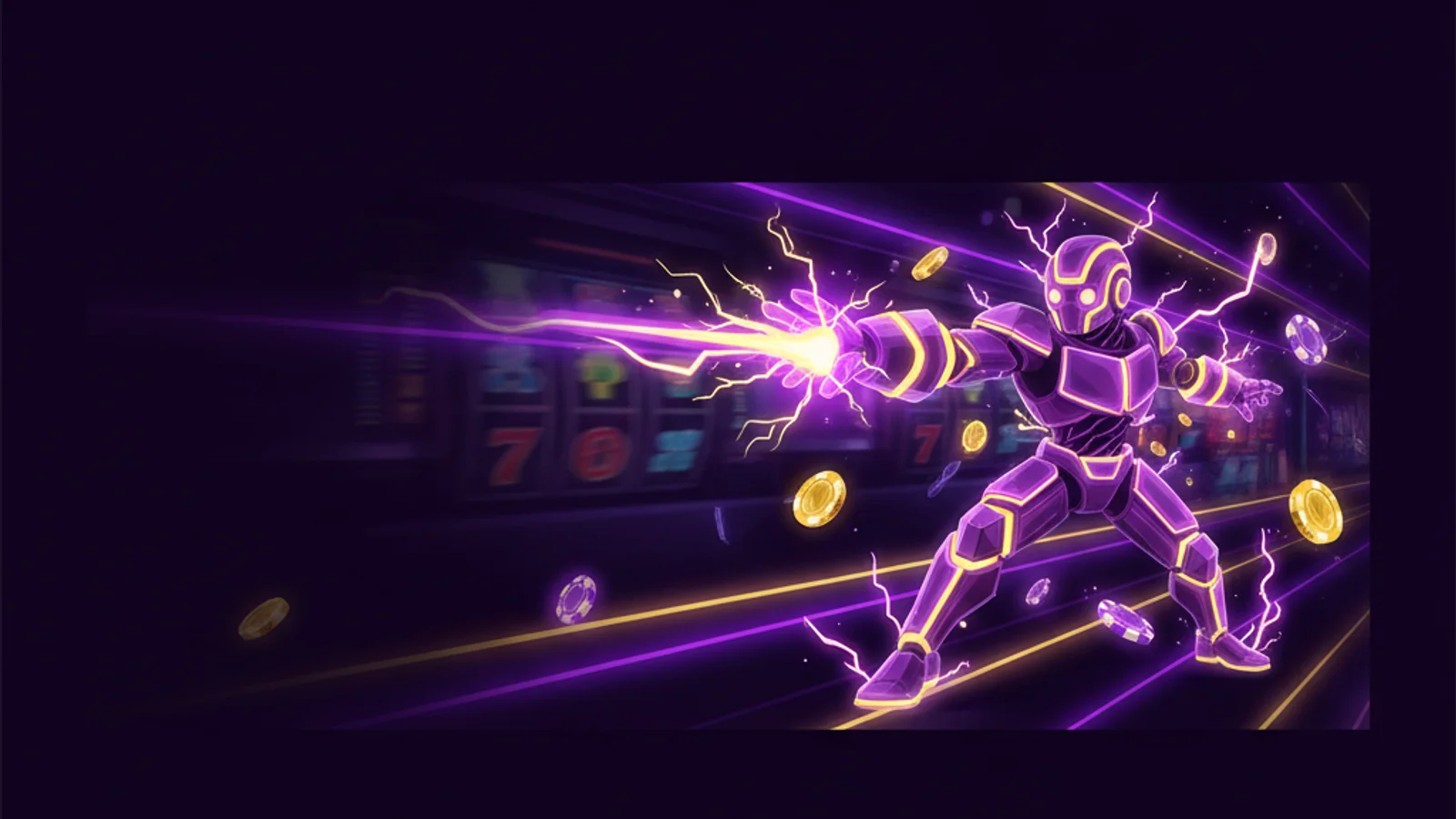Neonfarbener PowerUp-Maskottchen-Charakter mit lila-gelben Energieblitzen zwischen Spielautomaten und Chips
